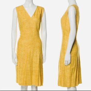Akris Punto Silk Tweed A-Line Mustard VNeck Dress Size 6 Pleated Skirt